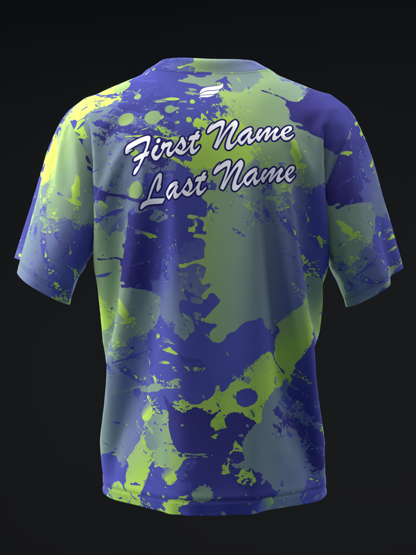 Bowling jersey with blue and neon yellow splatter pattern and personalized text