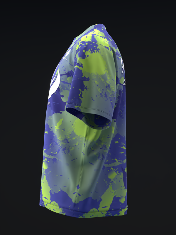 Purple and lime green bowling jersey with splatter pattern, side view