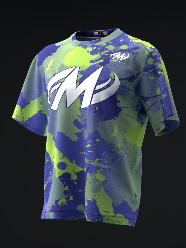 Bowling jersey front with neon yellow and purple splatter pattern and white logo