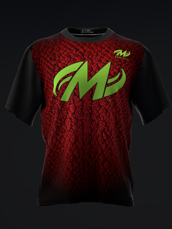 Red bowling jersey with black sleeves and lime green Motiv logo on front