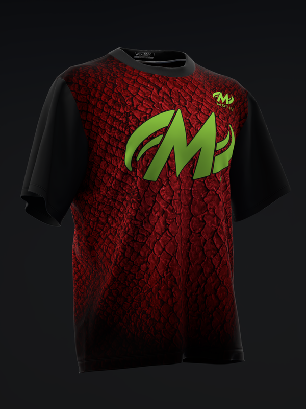 Red and black bowling jersey with lime green Motiv logo and textured pattern