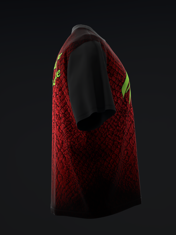 Red bowling jersey with black panels and lime green shoulder accents, side view