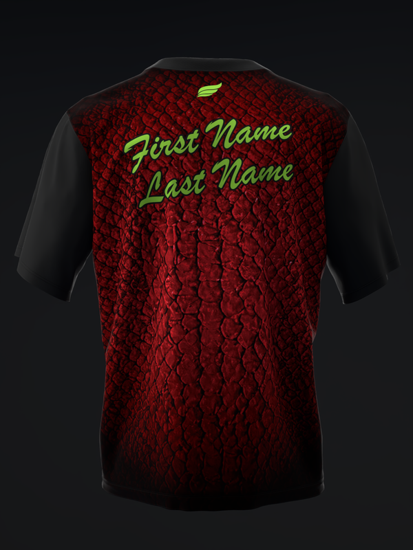 Black and red bowling jersey with lime green personalized name text on back