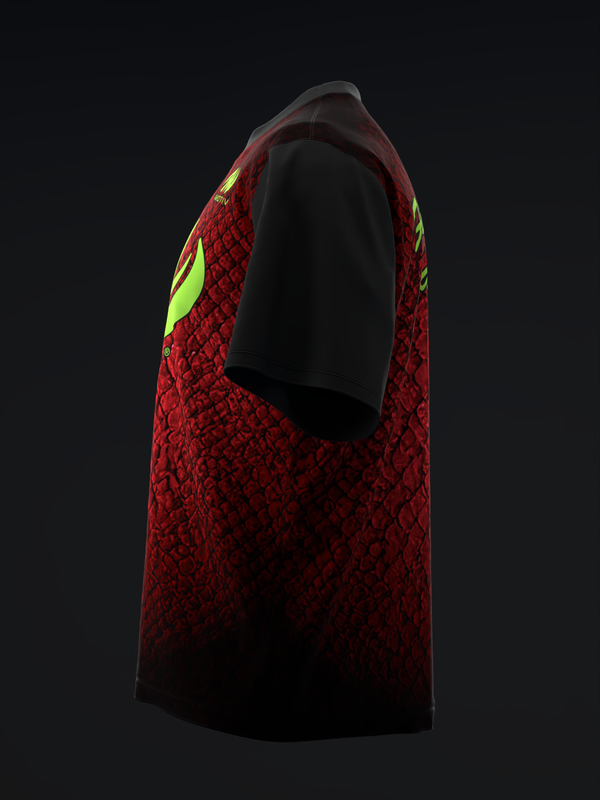 Red bowling jersey with black textured pattern and neon yellow shoulder accents