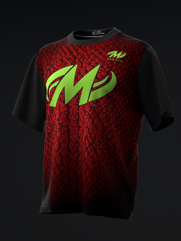 Red bowling jersey with lime green Motiv logo and black sleeves, front view