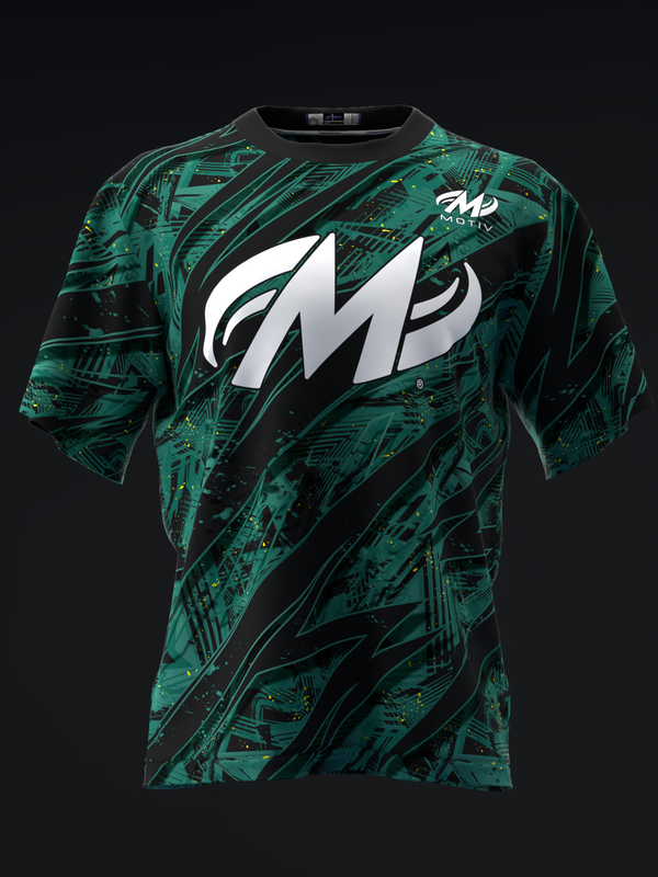 Teal and black bowling jersey with large white lightning bolt logo, front view