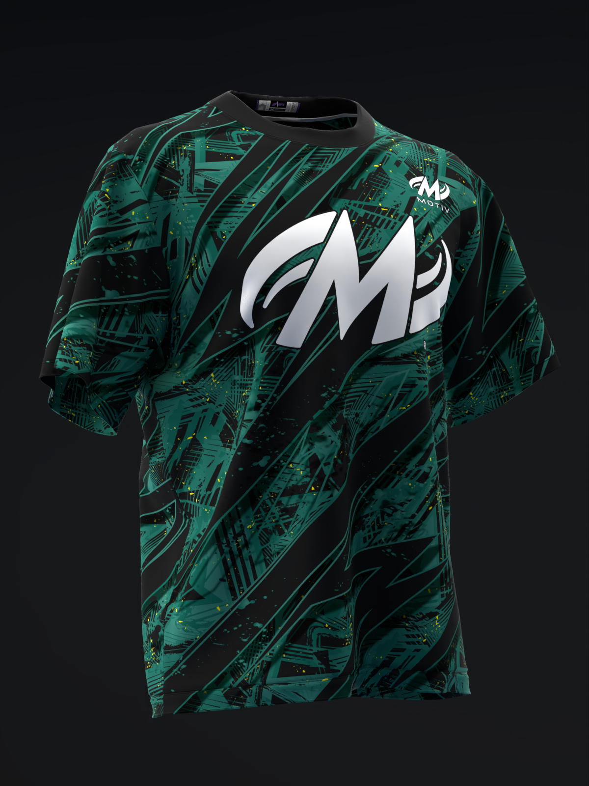 Teal and black bowling jersey with geometric pattern and white logo design, front view