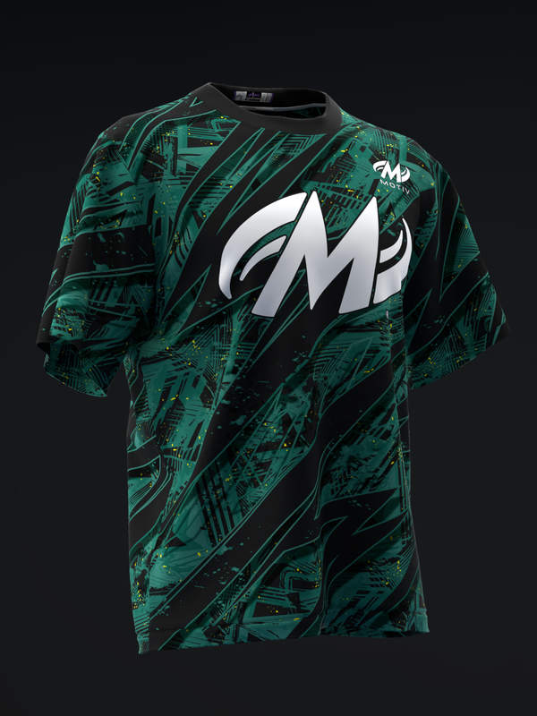 Teal and black bowling jersey with geometric pattern and white logo design, front view