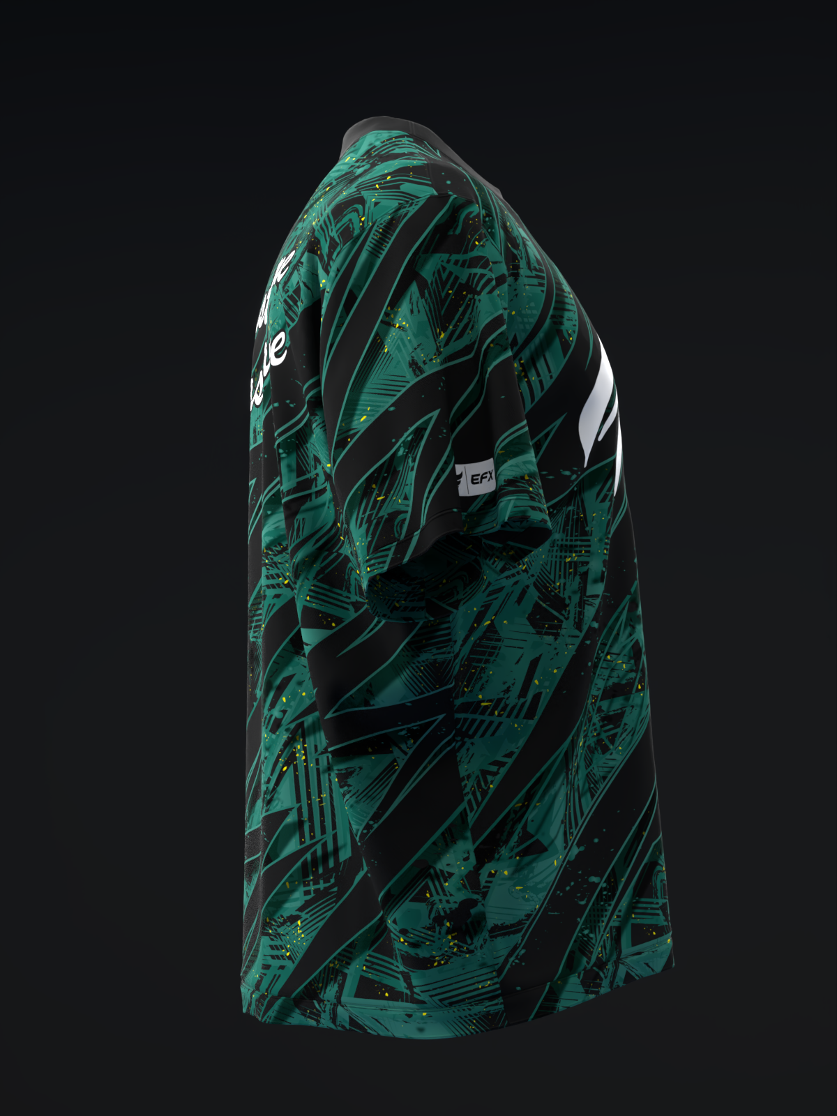 Teal and black bowling jersey with abstract geometric pattern, back view