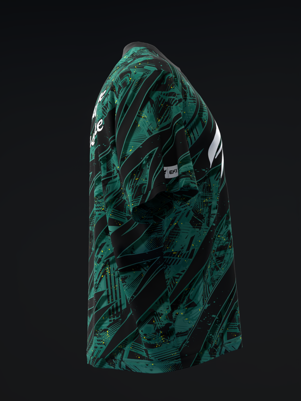 Teal and black bowling jersey with abstract geometric pattern, back view