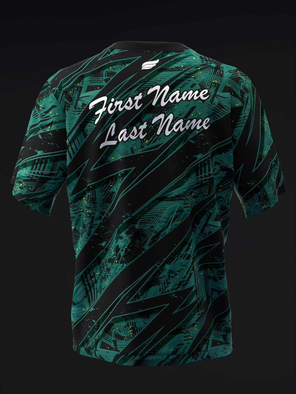 Black and teal bowling jersey with abstract geometric pattern and white script text