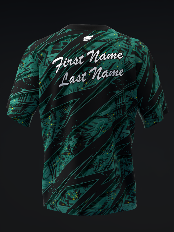 Black and teal bowling jersey with abstract geometric pattern and white script text