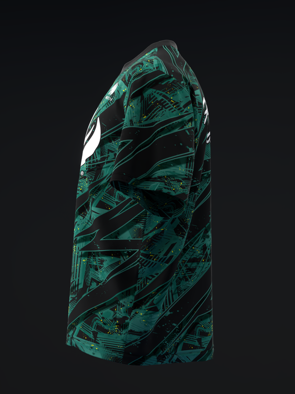Teal and black bowling jersey with geometric abstract pattern, side view