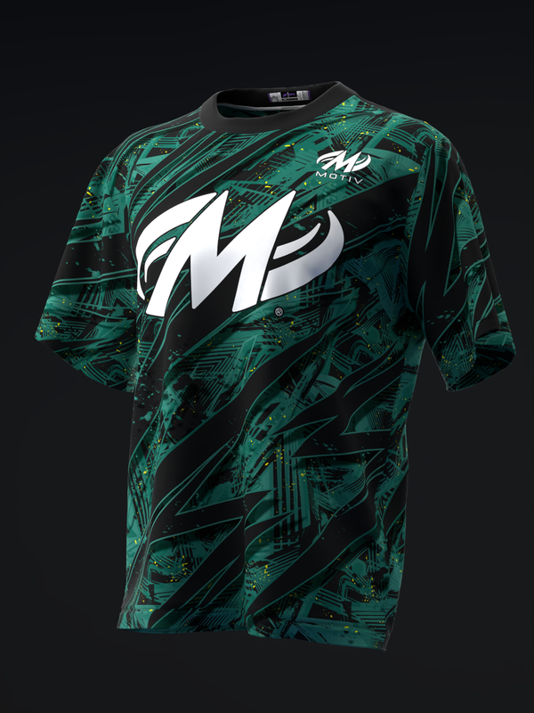 Black and teal bowling jersey with large white Motiv logo and geometric pattern
