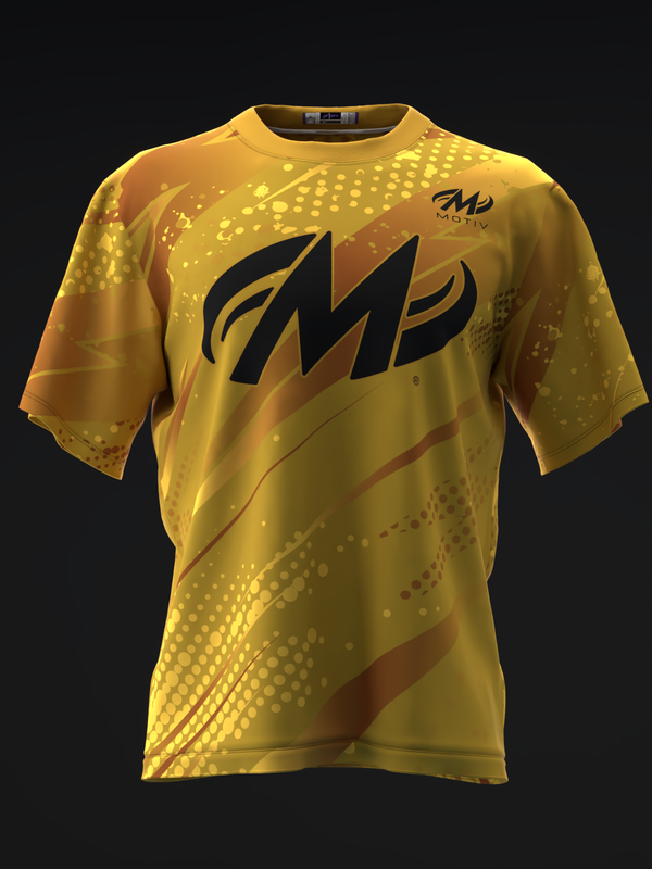 Yellow bowling jersey with black Motiv logo and geometric dot pattern design, front view