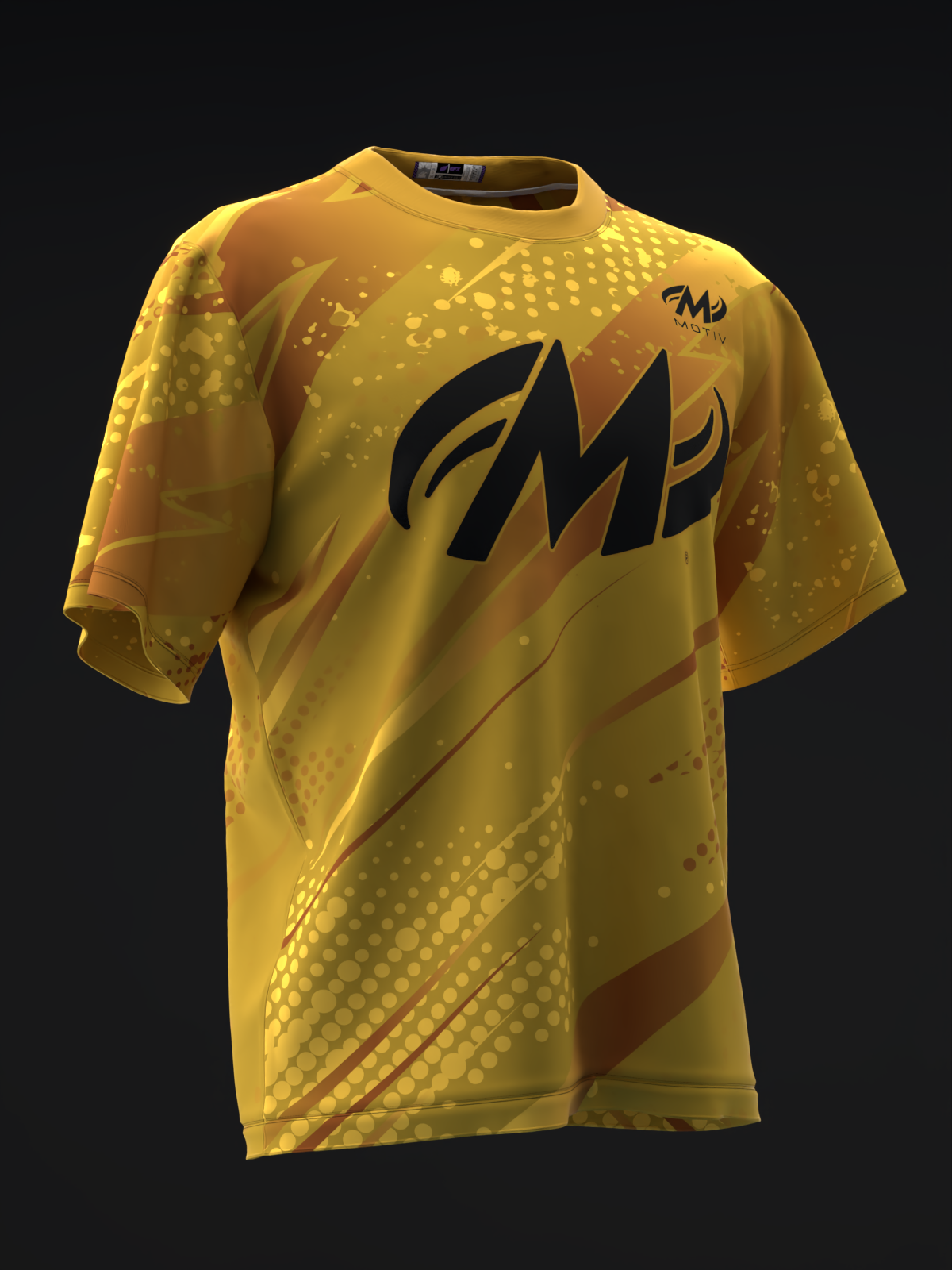 Yellow bowling jersey with black Motiv logo and orange gradient design elements