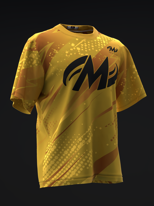 Yellow bowling jersey with black Motiv logo and orange gradient design elements