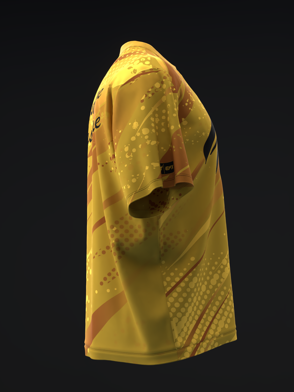 Yellow bowling jersey with orange accents and scattered dot pattern, side view