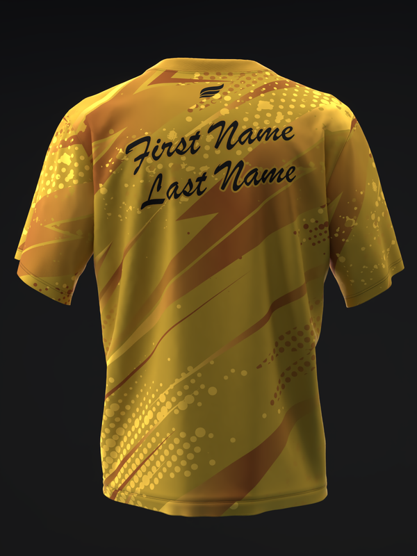 Yellow bowling jersey with red streaks, dots, and personalized name text, back view