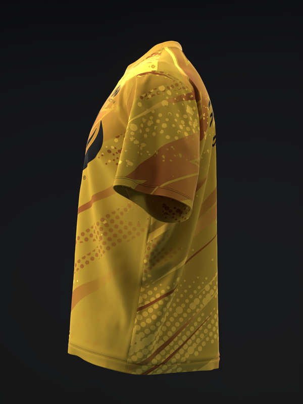Yellow bowling jersey with halftone dot pattern and rust-colored swoosh design, side view