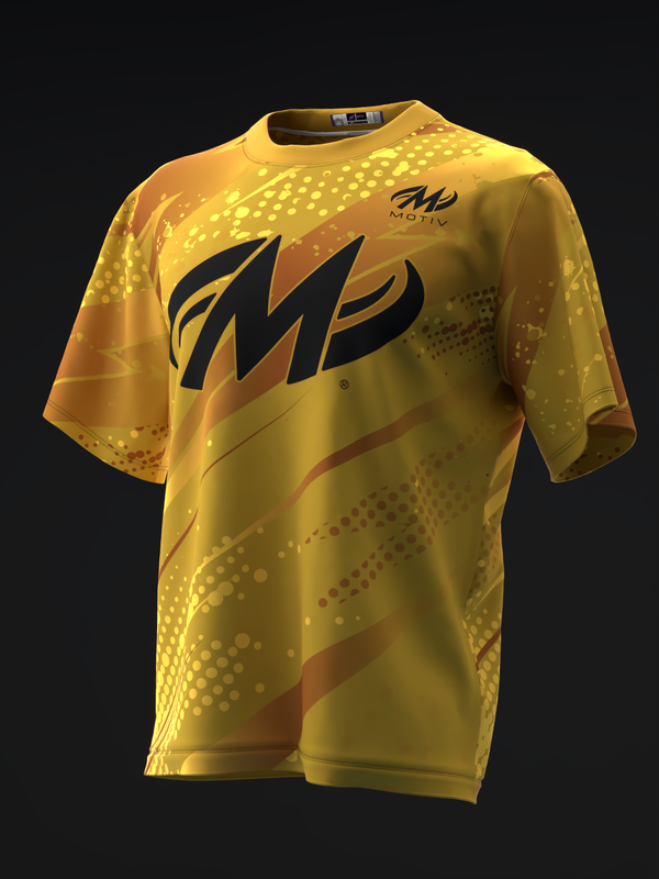 Yellow bowling jersey with black Motiv logo and orange gradient design details