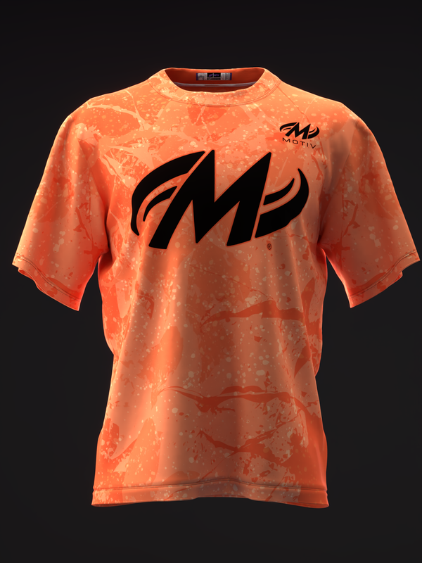 Orange tie-dye bowling jersey with black Motiv logo on front