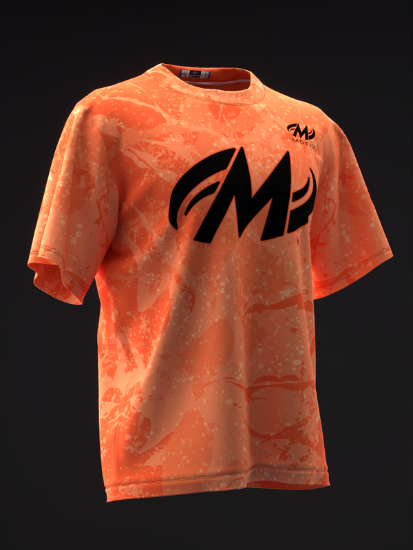 Orange tie-dye bowling jersey with black Motiv logo graphic on front