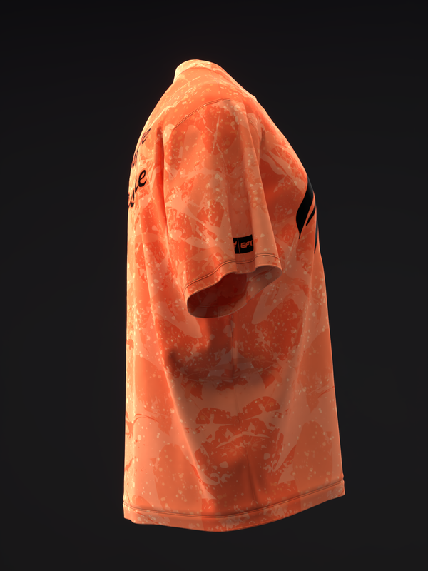 Coral tie-dye bowling jersey with dark graphic print, side view