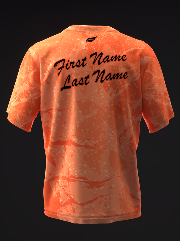 Orange tie-dye bowling jersey back with customizable name text in black script
