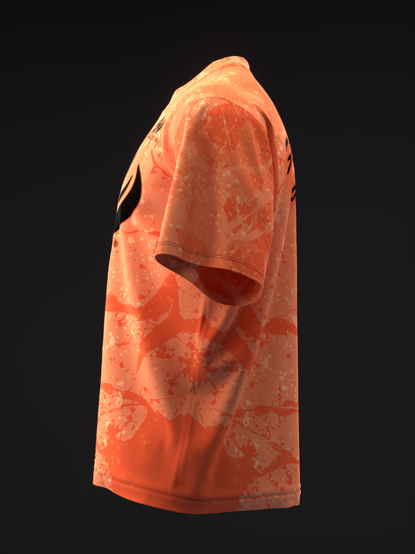 Orange bowling jersey with abstract geometric pattern, side view