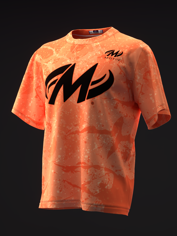 Orange tie-dye bowling jersey with black Motiv logo and graphic design