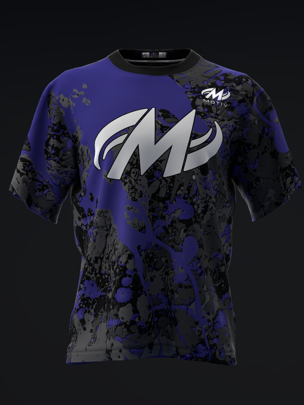 Blue and black splatter pattern bowling jersey with white M logo, front view