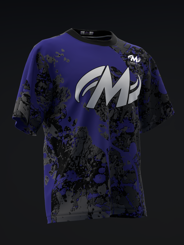 Purple and black splatter pattern bowling jersey with white logo on front