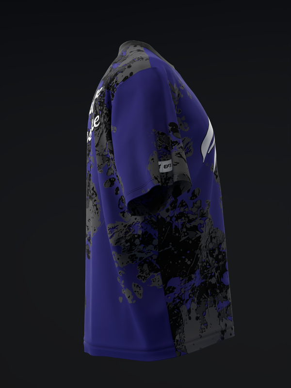 Purple bowling jersey with black and gray splatter pattern on side view