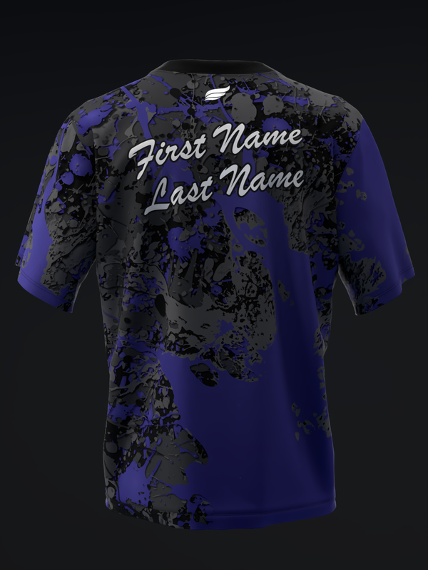 Purple and black bowling jersey with distressed splatter pattern and name text