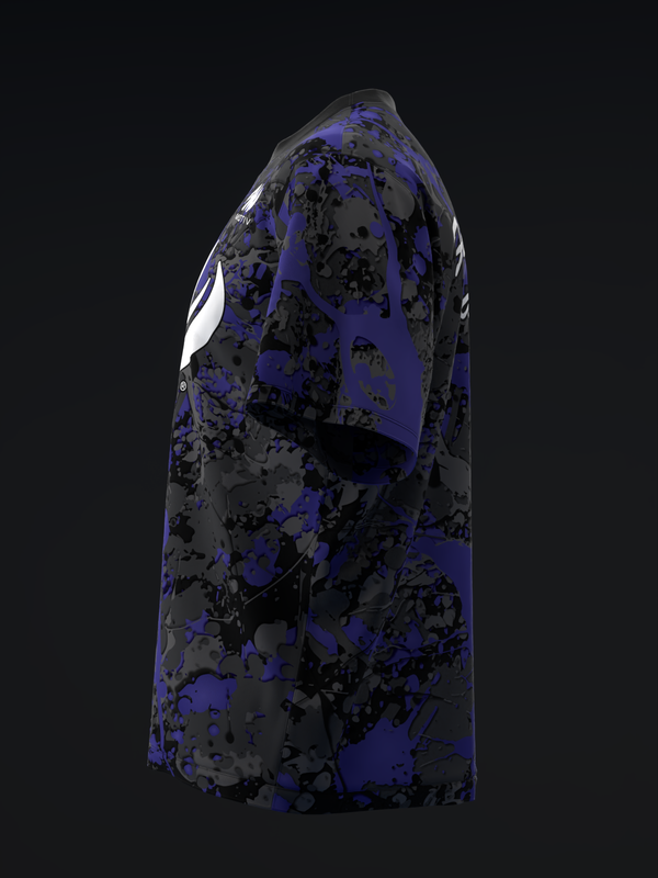 Purple and gray bowling jersey with abstract splatter pattern, side view