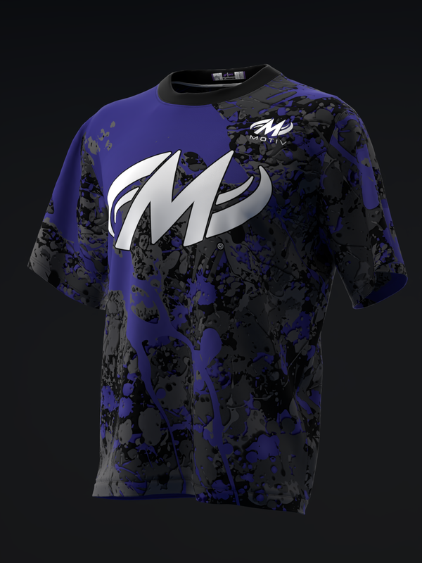 Purple and black splatter pattern bowling jersey with white Motiv logo
