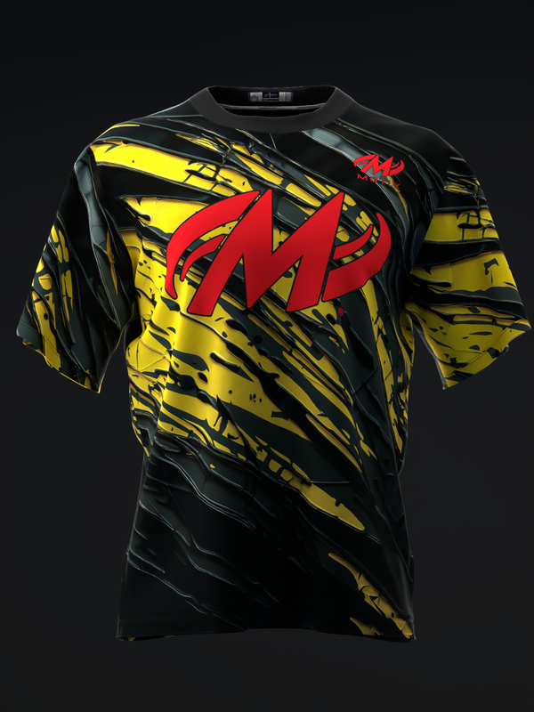 Black and yellow striped bowling jersey with red M logo, front view
