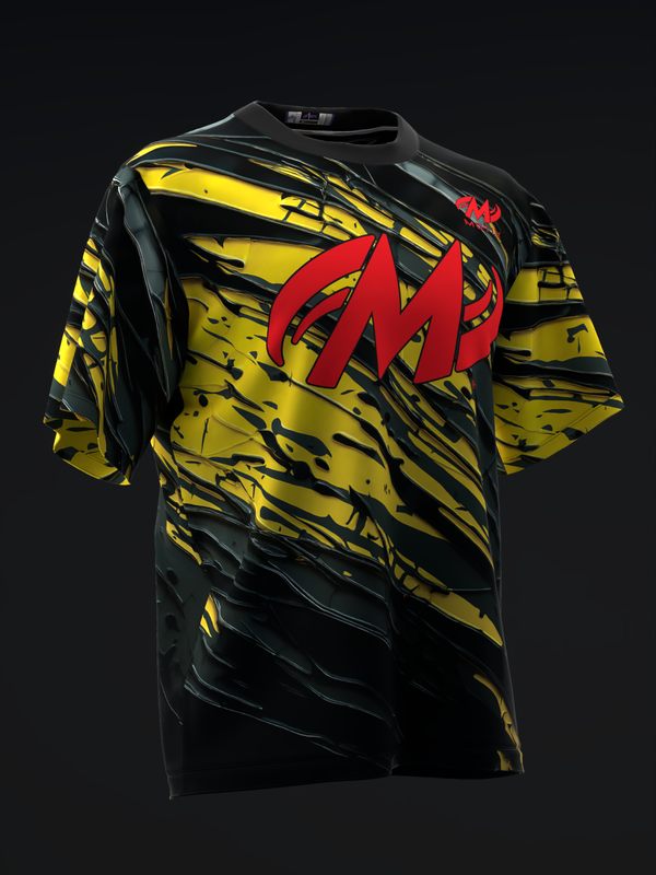 Black and yellow striped bowling jersey with red M logo on front