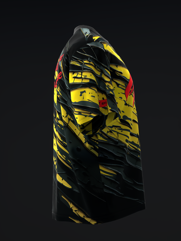 Black bowling jersey with yellow and red tiger stripe graphic design