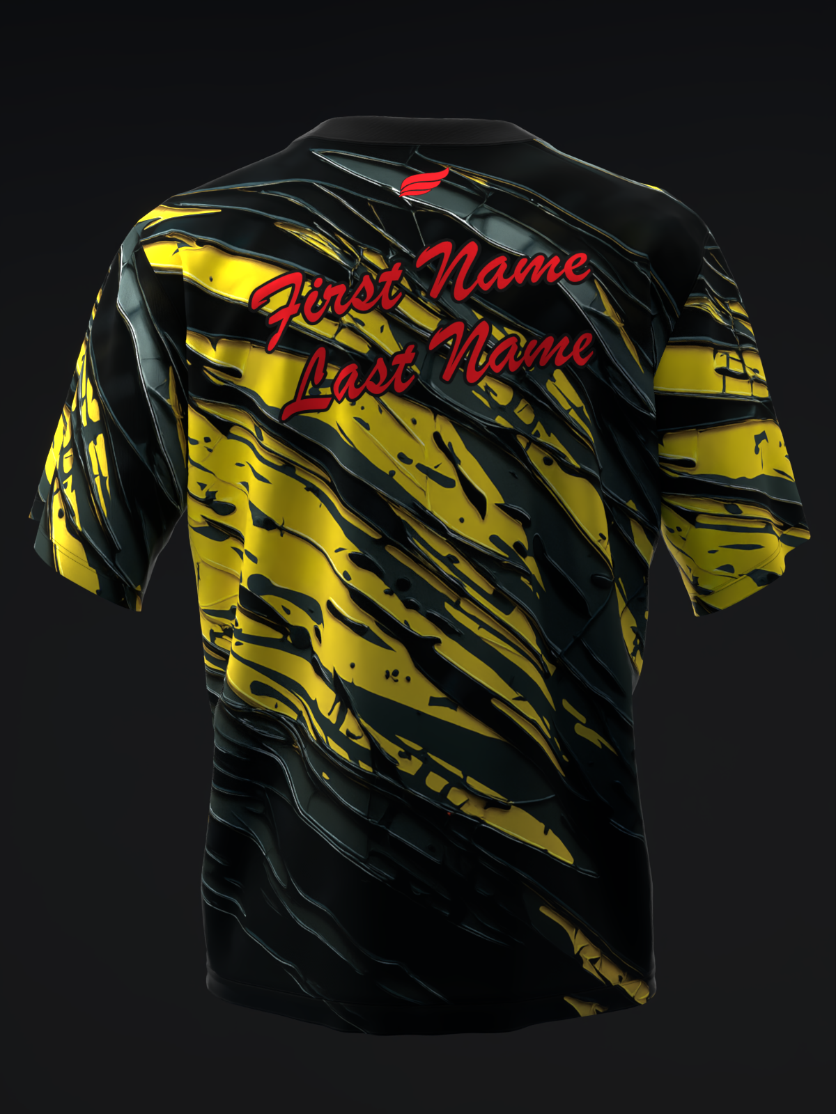 Black bowling jersey with yellow and black tiger stripe pattern and red text