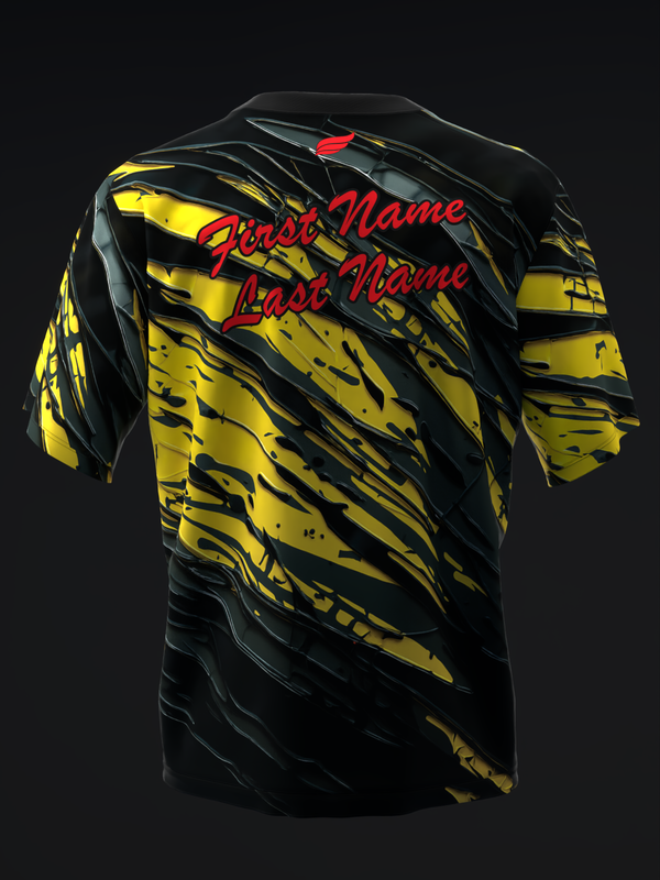 Black bowling jersey with yellow and black tiger stripe pattern and red text
