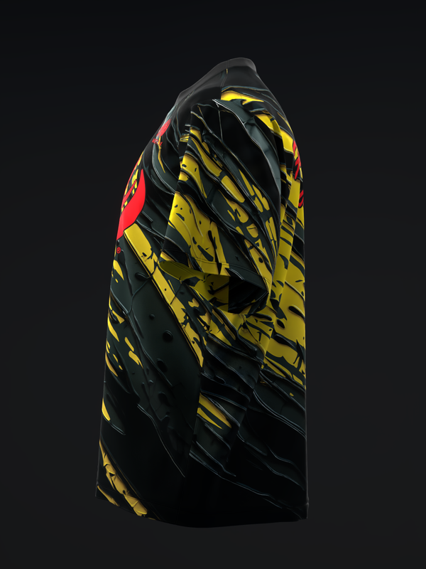 Black bowling jersey with yellow and red graphic streaks pattern, side view