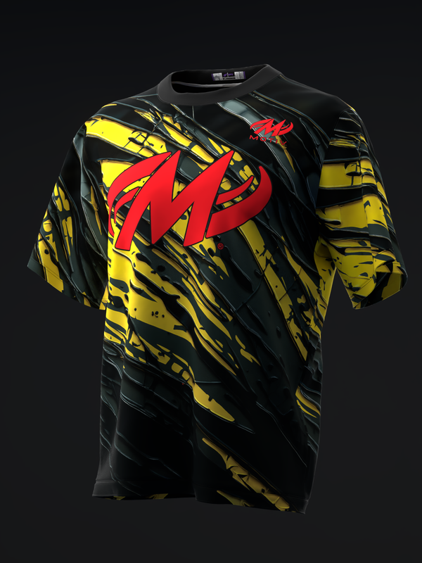 Black bowling jersey with yellow and black diagonal stripes and red logo, front view