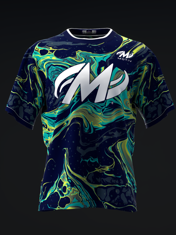 Navy bowling jersey with swirled neon cyan and yellow abstract pattern, white Motiv logo front