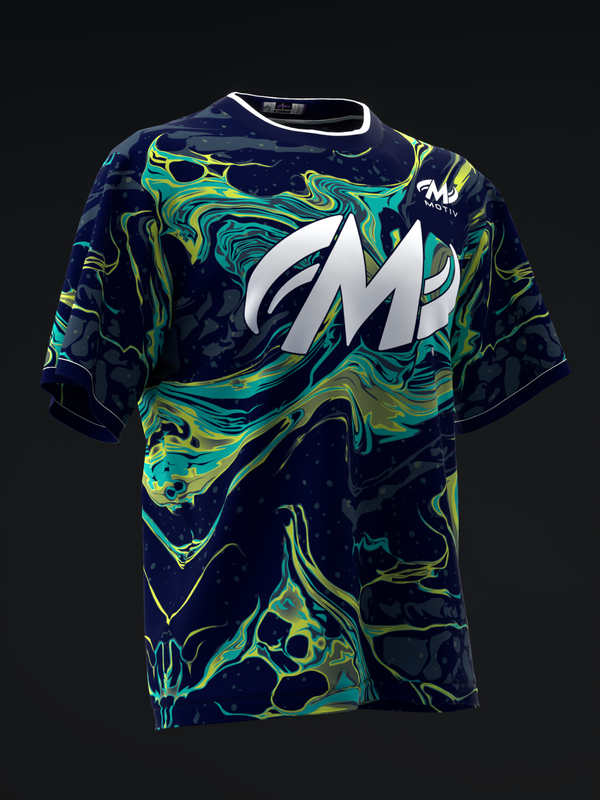 Navy bowling jersey with neon yellow and teal swirled marble pattern, front view