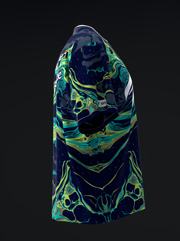 Dark navy bowling jersey with neon yellow and teal swirled abstract pattern, side view