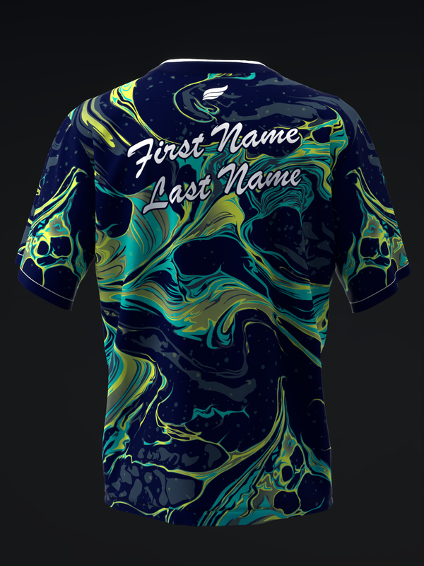 Navy bowling jersey with abstract swirl pattern in yellow, teal, and lime green