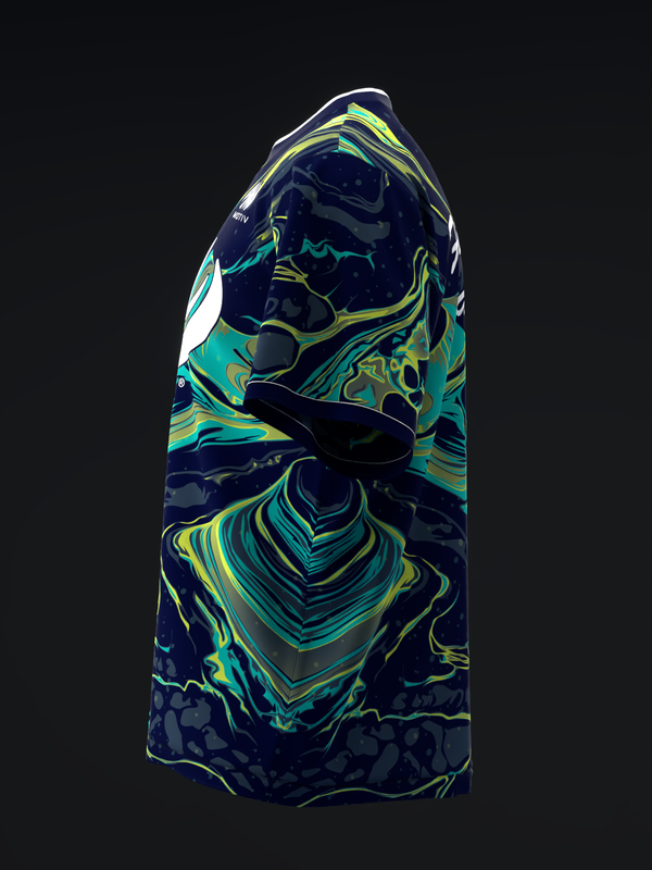Navy bowling jersey with turquoise and yellow abstract swirl pattern, front view