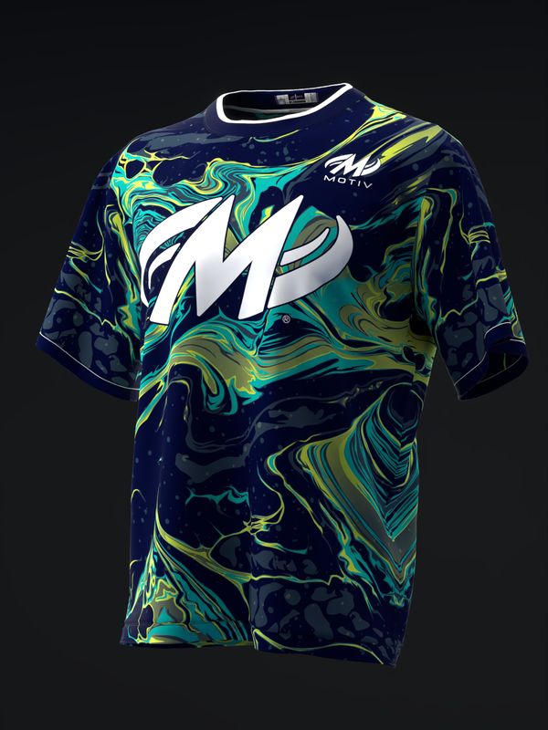 Navy bowling jersey with swirling neon cyan and yellow abstract pattern, white Motiv logo front view